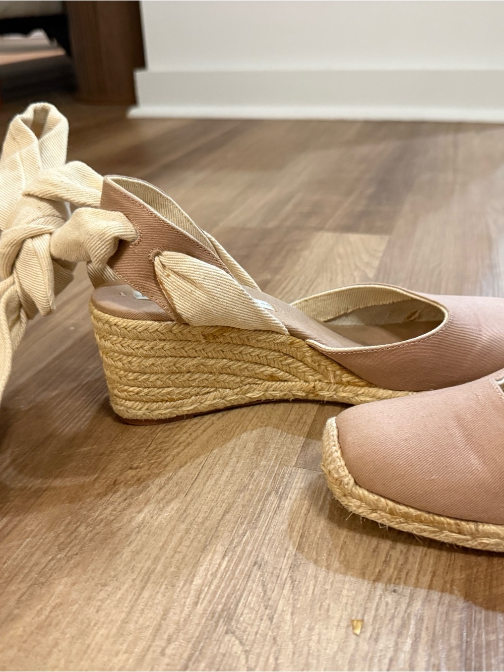 ZARA Taupe Canvas Espadrille Wedge Sandals with Ankle Wrap - Picture 6 of 9